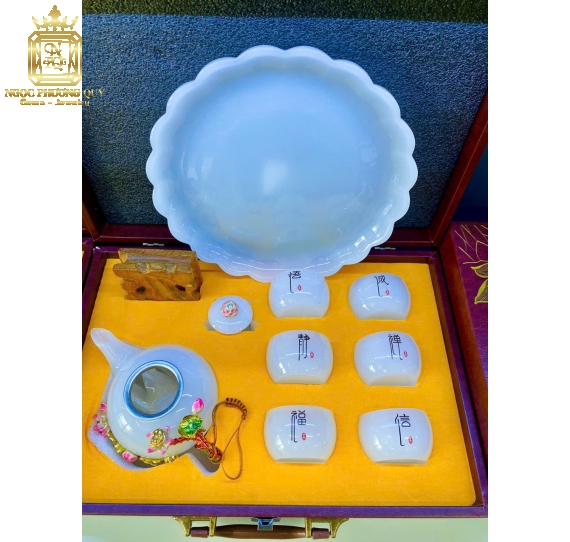 Ấm Trà Mã Não Trắng Cao Cấp – Sang Trọng, Tinh Tế – Tặng Hộp Gỗ 