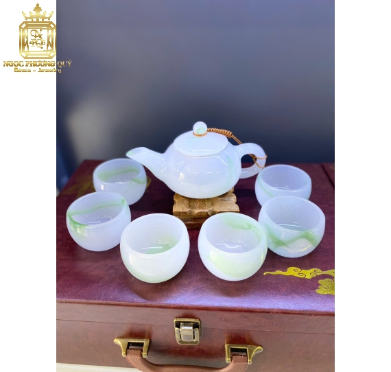 Bộ ấm trà mã não trắng xanh